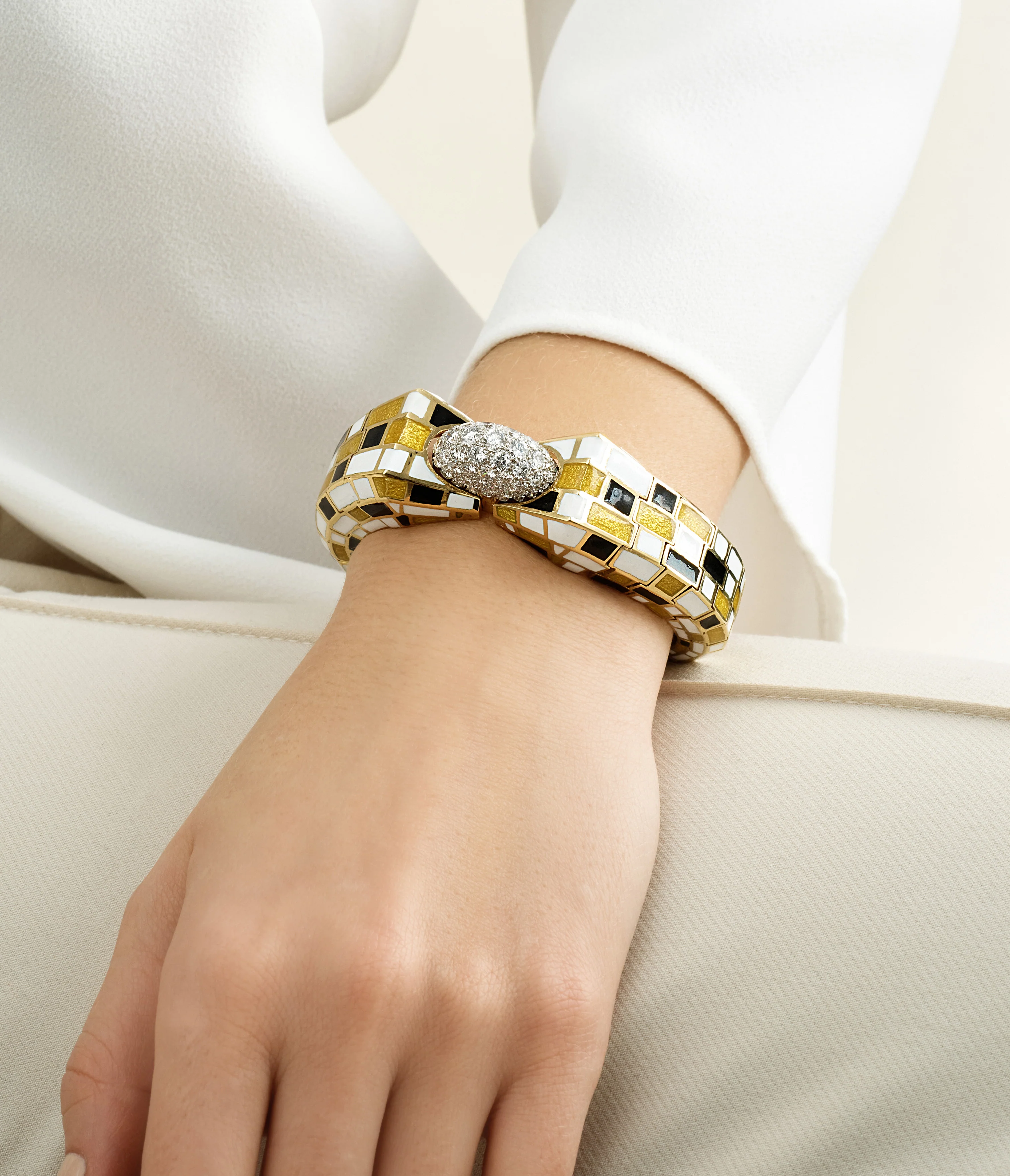 Checkerboard Bracelet, Yellow and White Enamel - Image 2