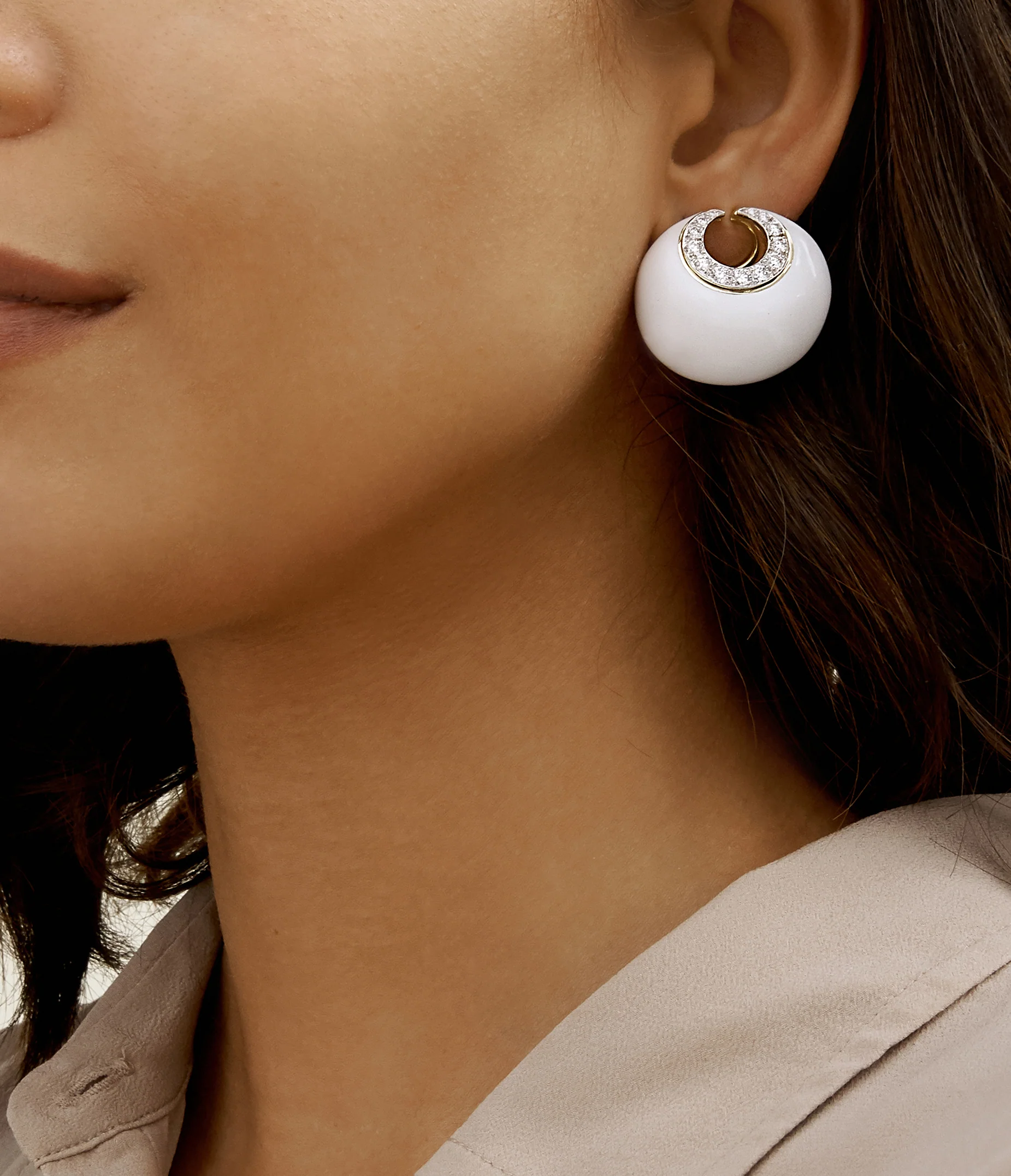 Crescent Moon Earrings, White Enamel - Image 2