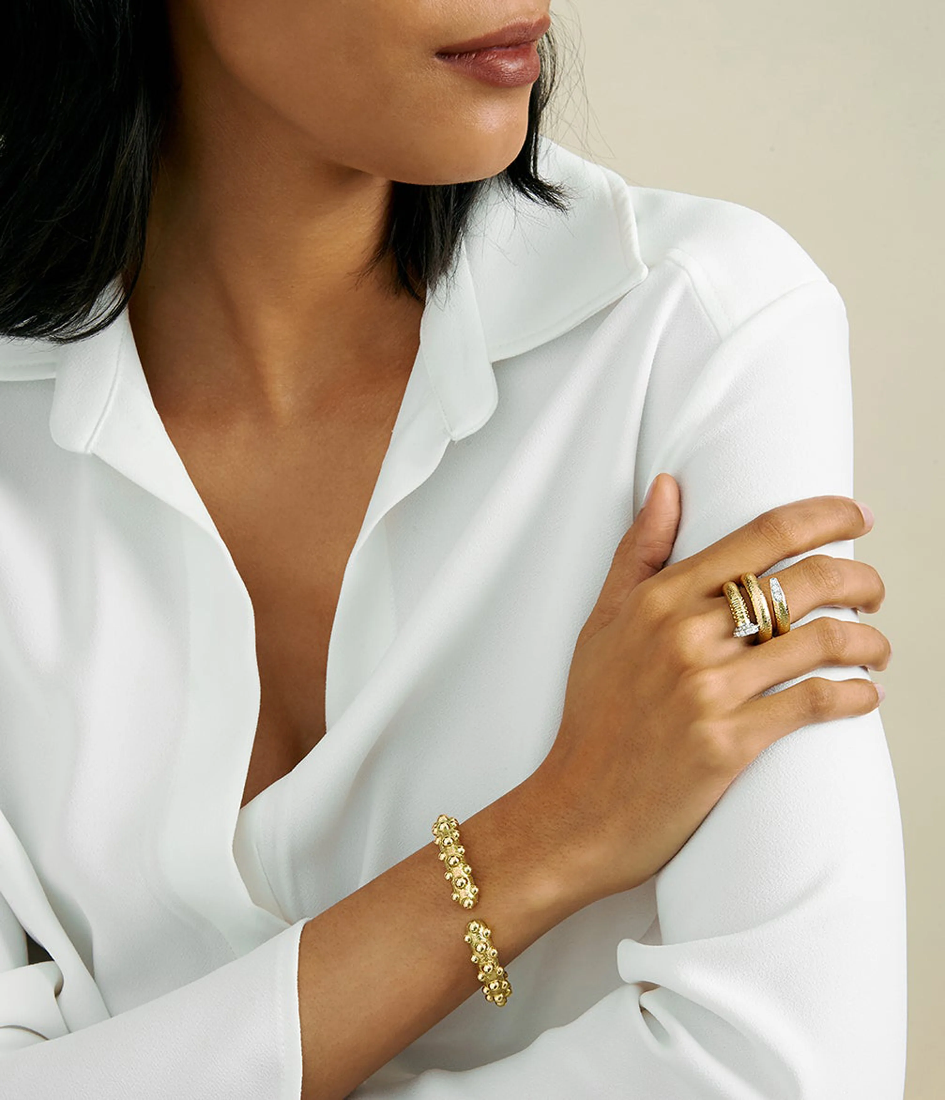 Large Diamond Nail Ring, Hammered 18K Gold - Image 2