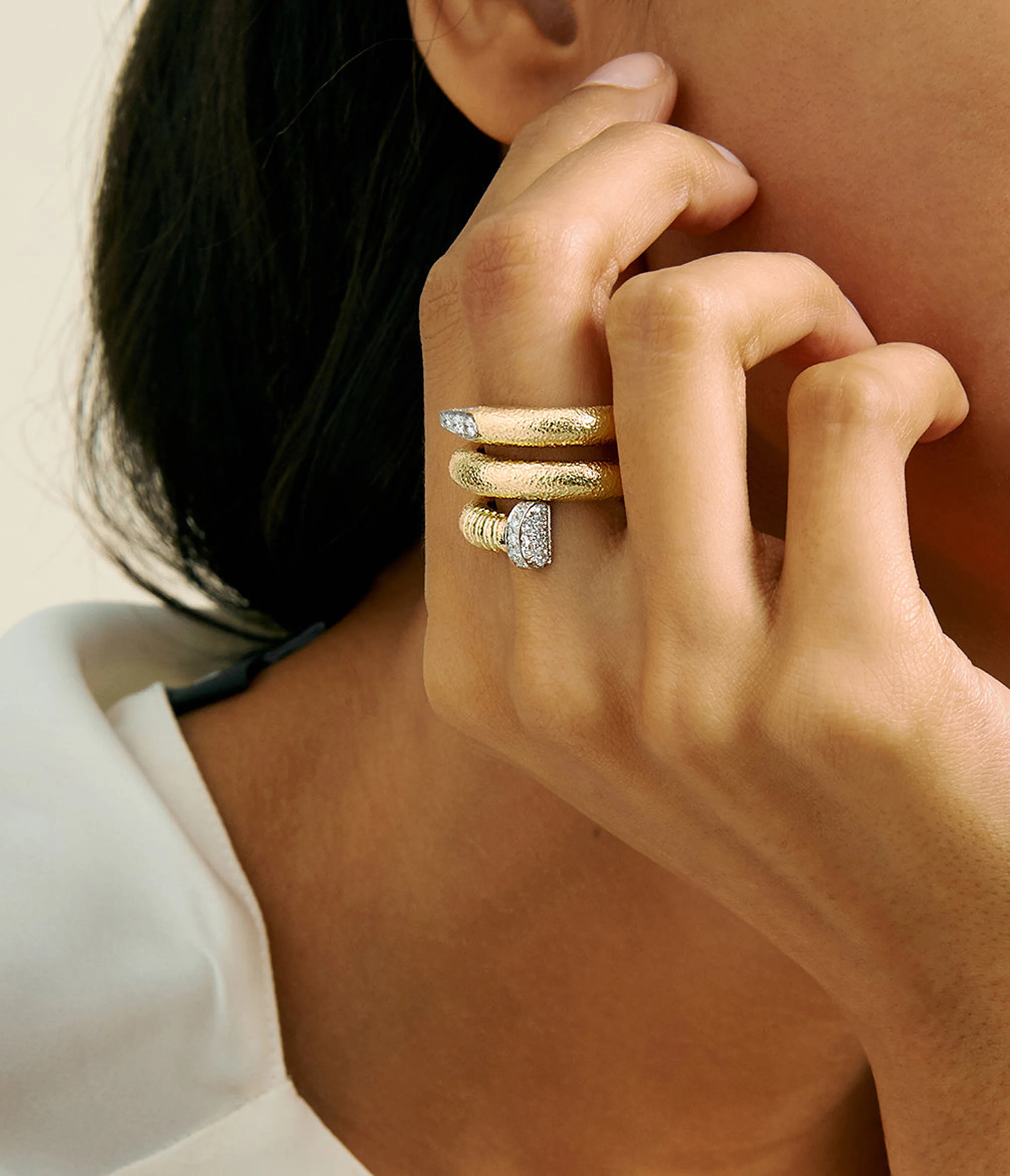 Large Diamond Nail Ring, Hammered 18K Gold - Image 4