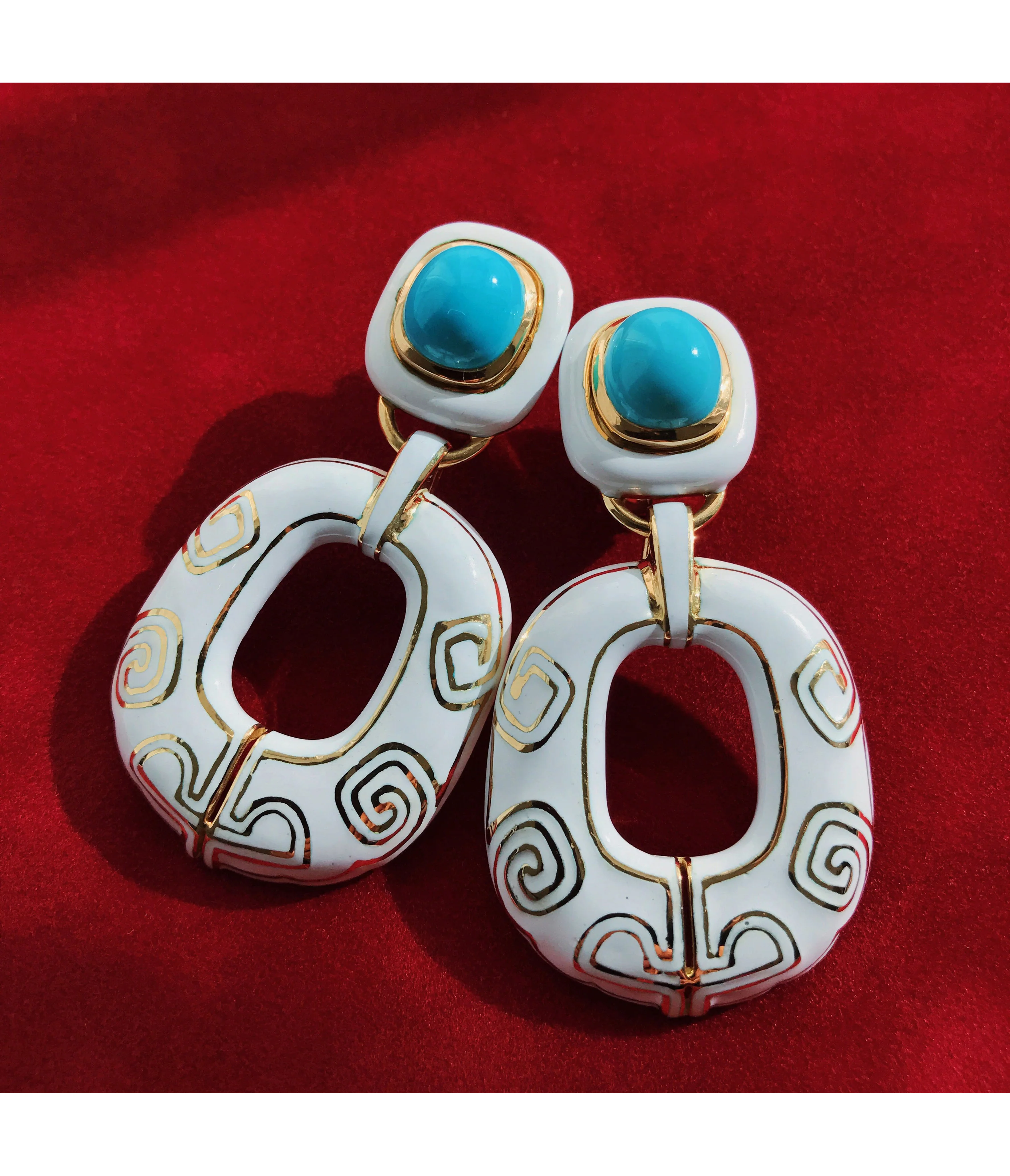 Lantern Earrings, White Enamel, Turquoise - Image 2