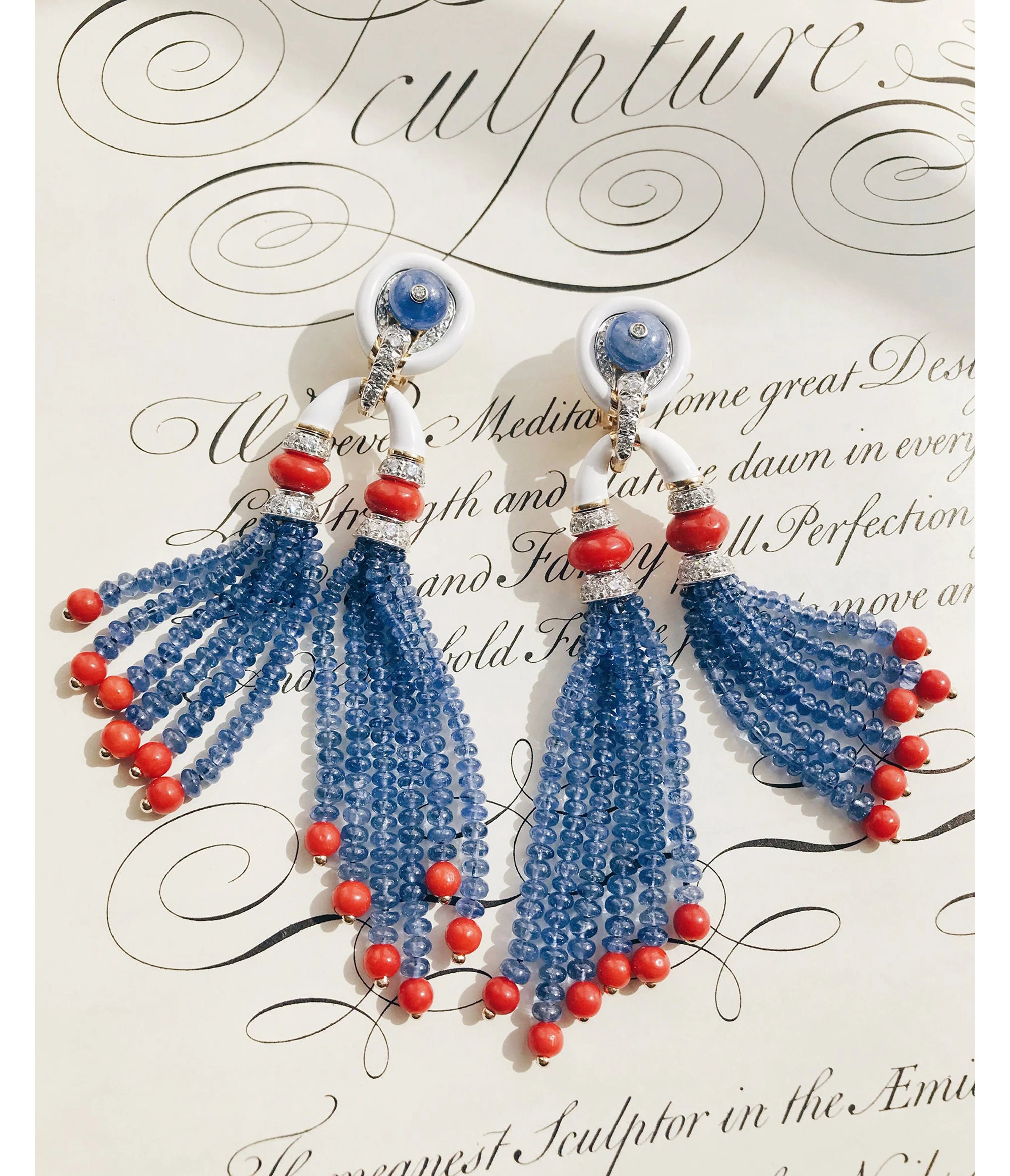 Pagoda Tassel Earrings with Diamonds, Coral and Sapphire Beads - Image 3
