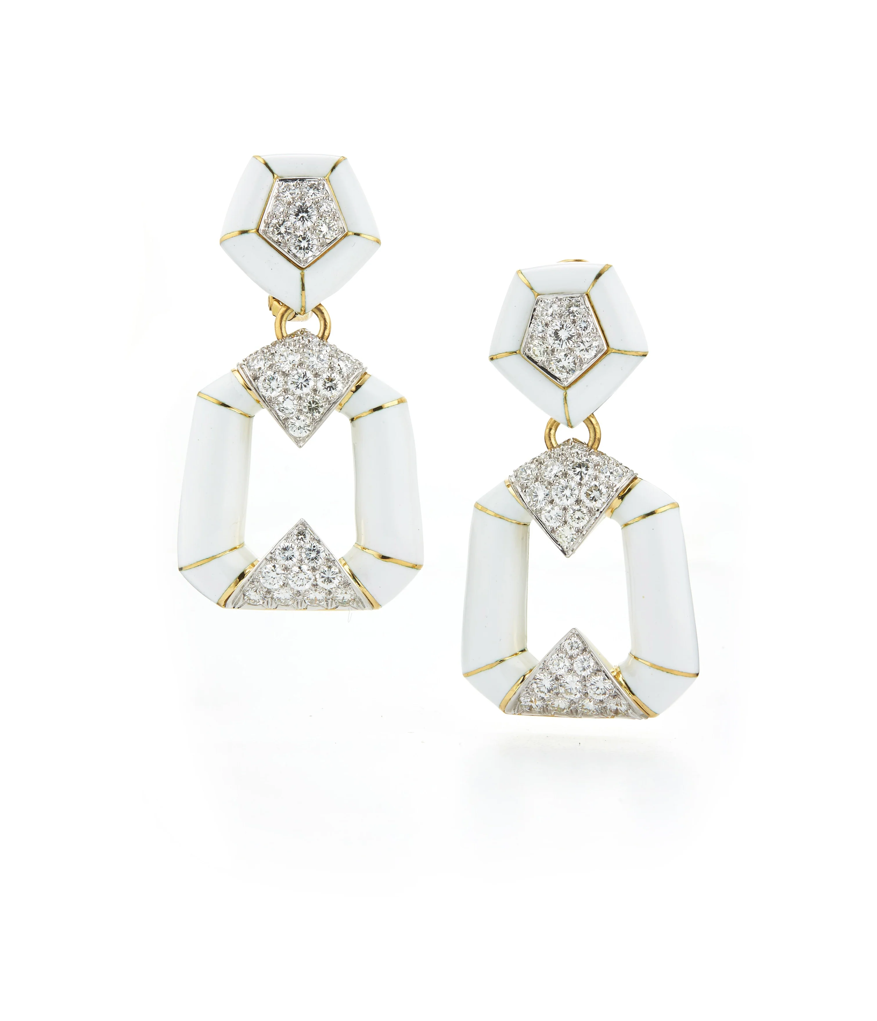 Pentagon Bamboo Earrings, White Enamel