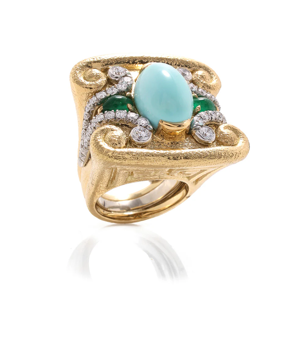 Quad Scroll Stone Ring, Emerald