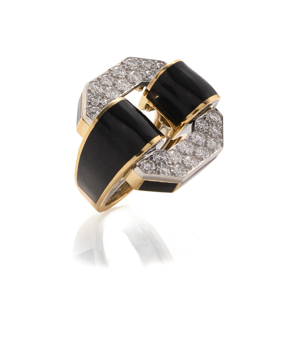 Small Octagonal Buckle Ring, Black Enamel