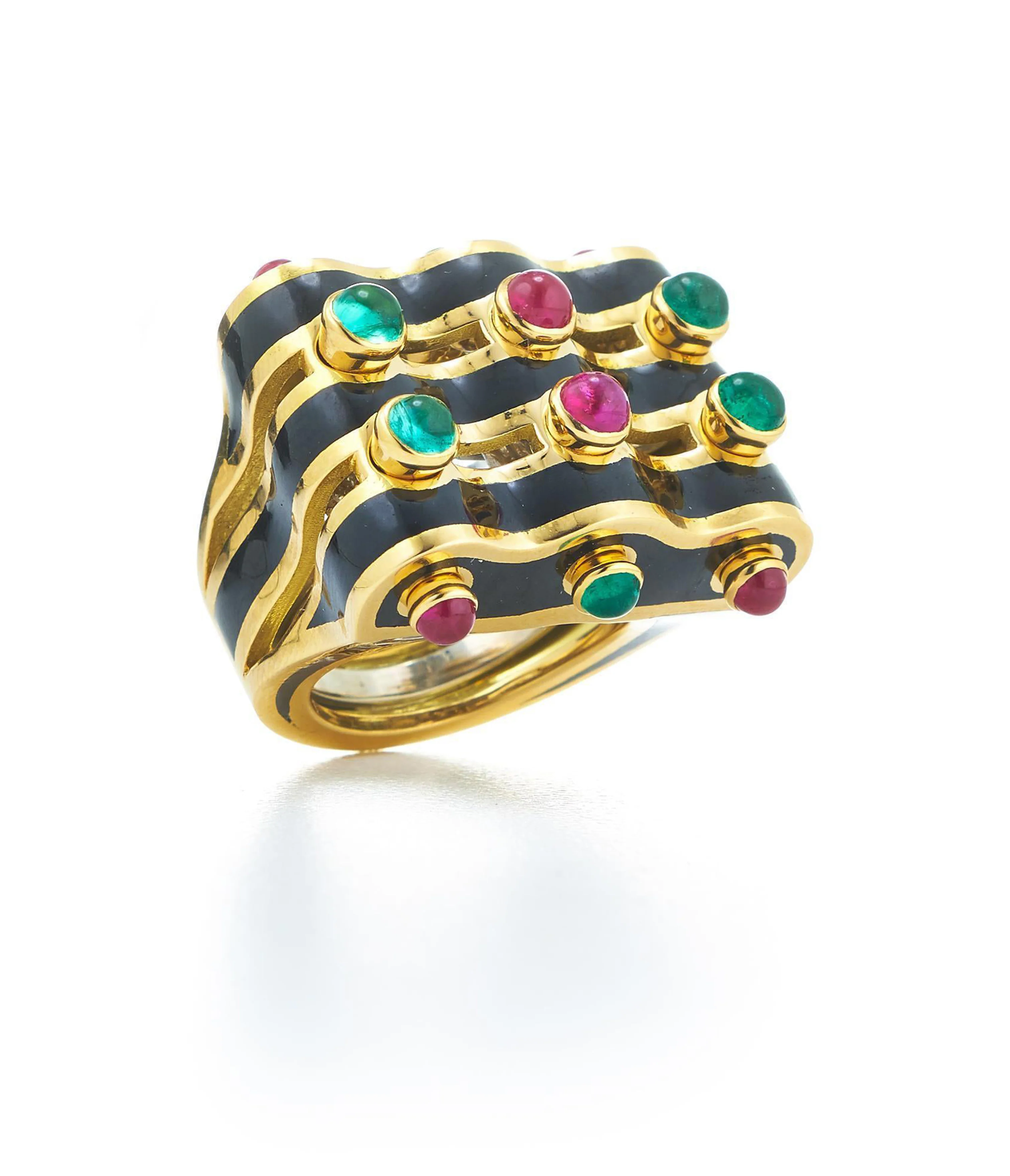 Wave Ring, Black Enamel, Emerald, Ruby